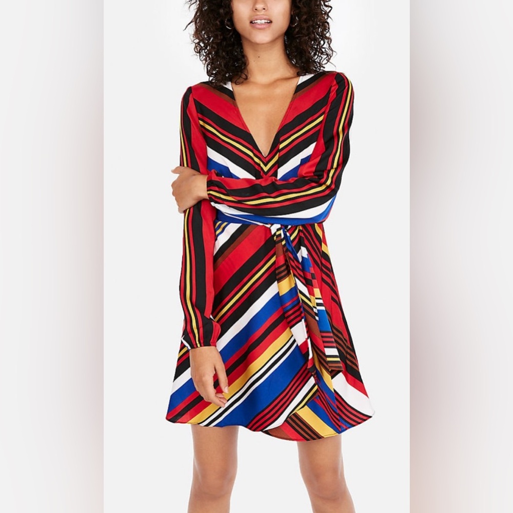 Express Long Sleeve V-Neck Multicolor Stripe Wrap Dress - Red, Blue, Yellow